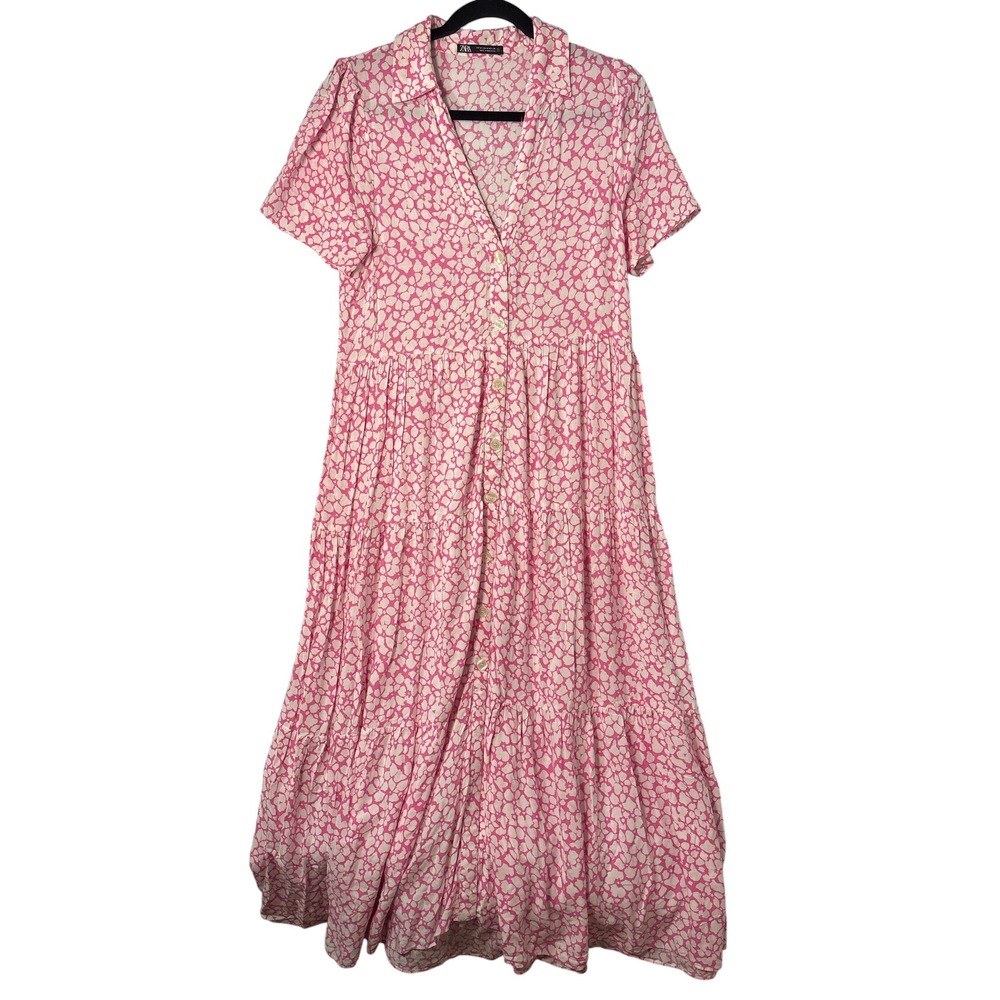 Zara Pink White Floral Tiered Midi Shirt Dress Short Sleeve Button Front Size M